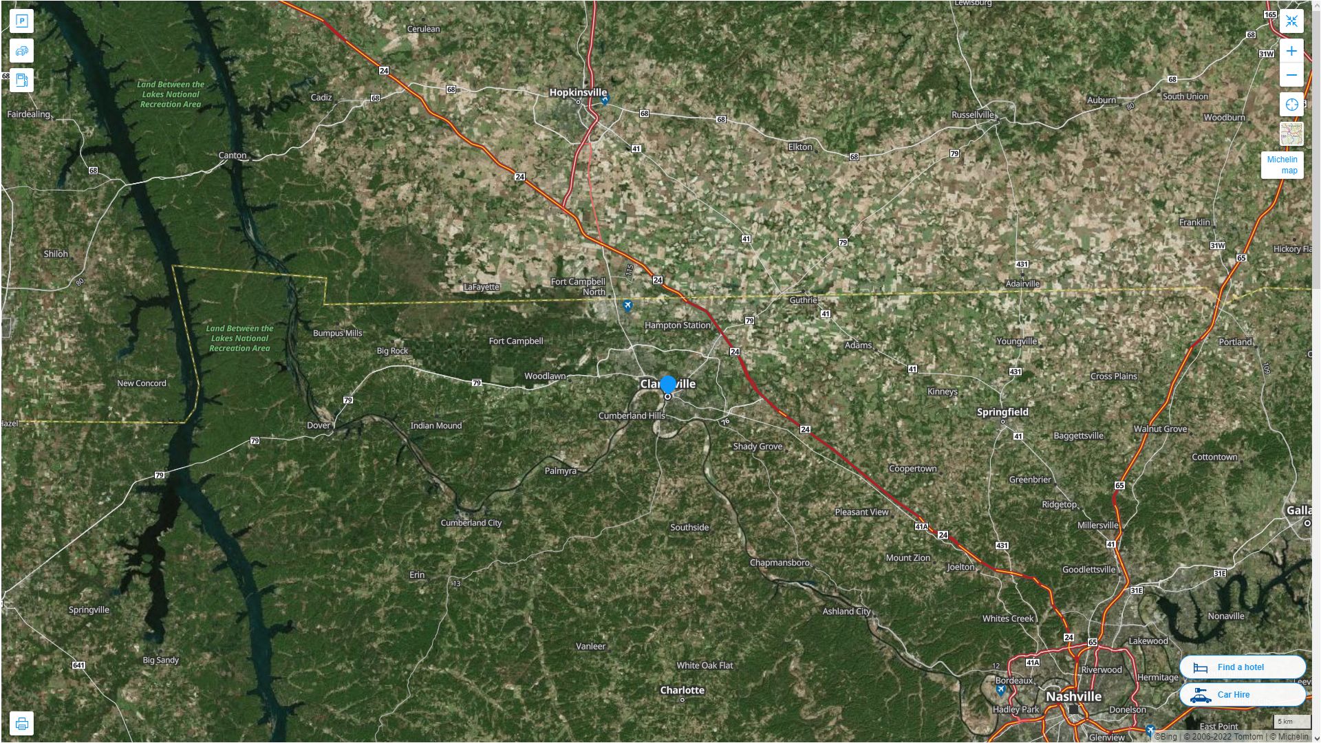 Clarksville Tennessee Highway and Road Map with Satellite View